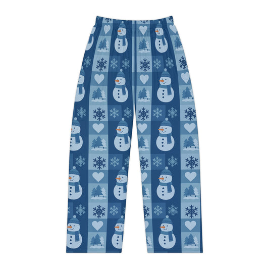 Snowman Patchwork Women's Pajama Pants — Cozy Blue Holiday Lounge Pants