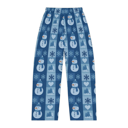 Snowman Patchwork Women's Pajama Pants — Cozy Blue Holiday Lounge Pants