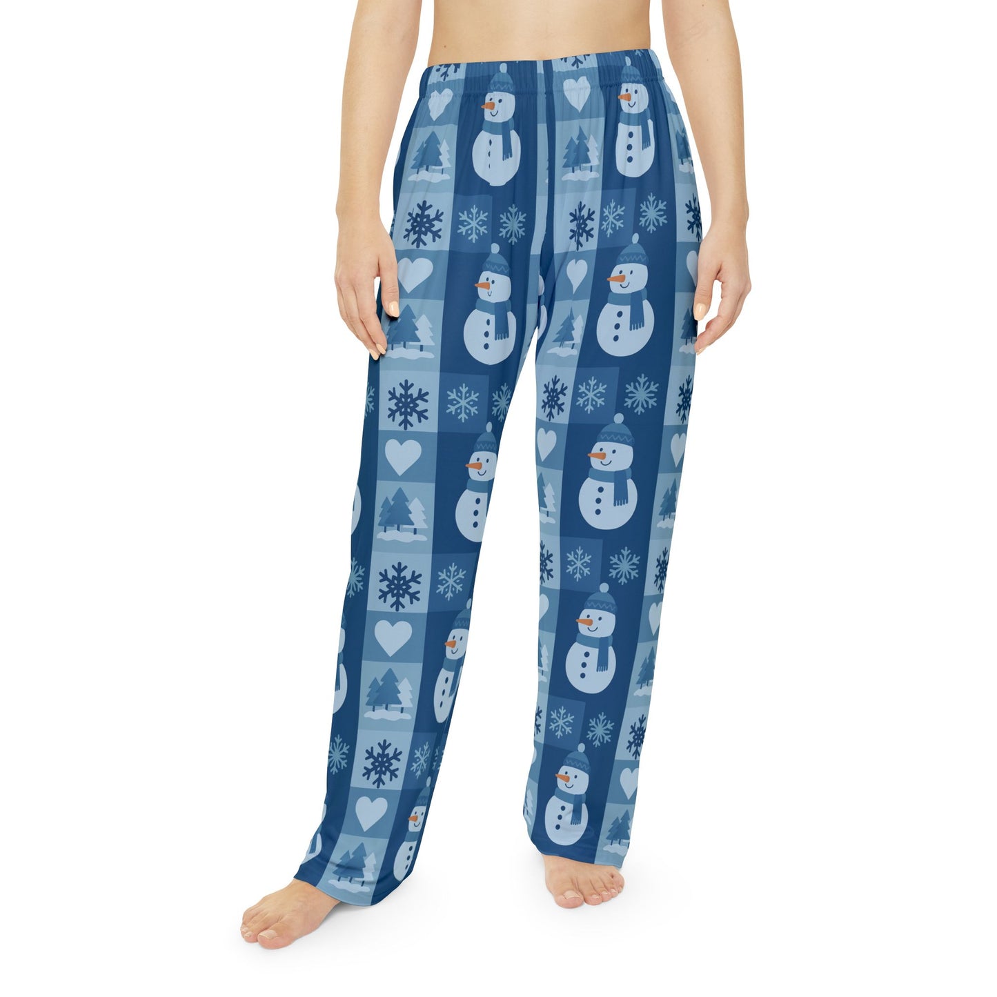 Snowman Patchwork Women's Pajama Pants — Cozy Blue Holiday Lounge Pants