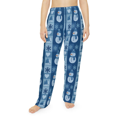 Snowman Patchwork Women's Pajama Pants — Cozy Blue Holiday Lounge Pants